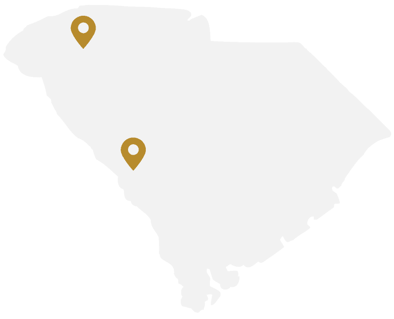 white map of South Carolina with pinpoints of US&S locations in Greenville and Aiken.