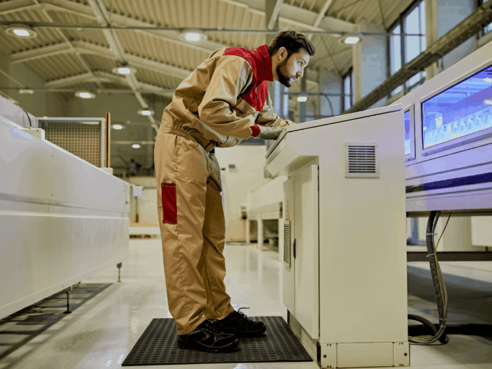 production line worker operating automated machine