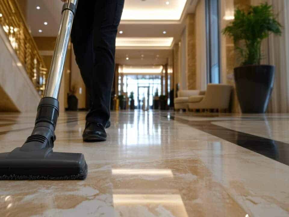 A maintenance staff member is diligently cleaning a shiny marble floor in an upscale hotel lobby, highlighting the importance of cleanliness and a welcoming atmosphere.